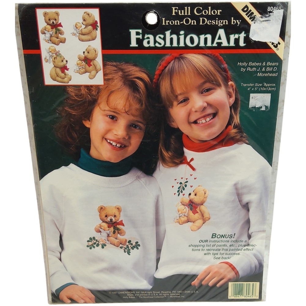 NOS Vtg Dimensions 1997-Iron On Transfers Christmas Bear/Holly /Baby Angel 4 pk